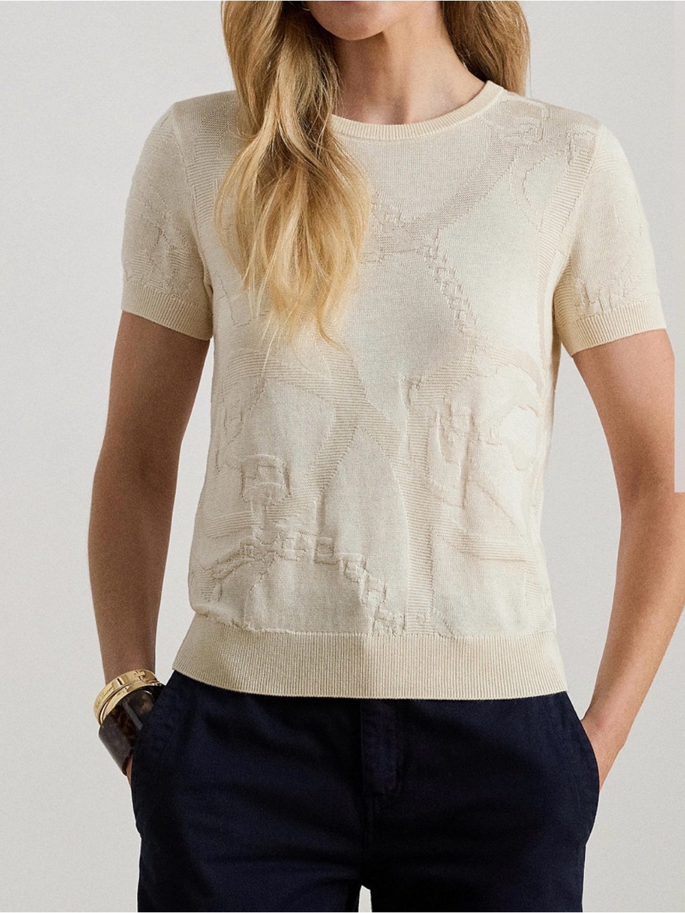 Women Ralph Lauren Cream Belting Equestrian Short Sleeve Summer sweater top XL - Picture 2 of 8